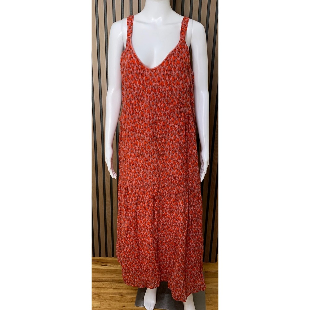 Joie Red Pink Ikat Print 100% Cotton Tiered Maxi Dress Sleeveless V-Neck Size M